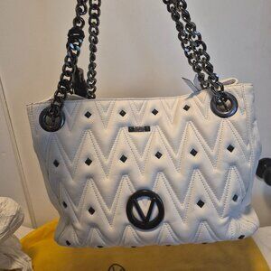 Valentino Luisa Diamond Stud Quilted White Tote with Black Chain Straps